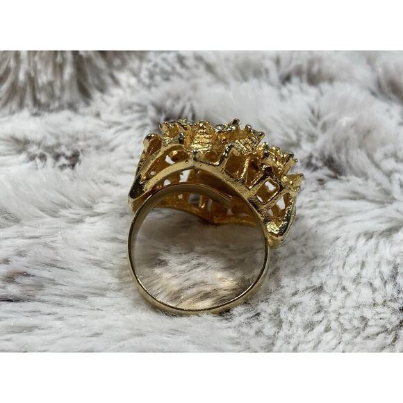 Vtg Jewelry By Linda Stella Gold Plated Cocktail Ring Insect Bee Leaves Sz 6.5 - Picture 8 of 12